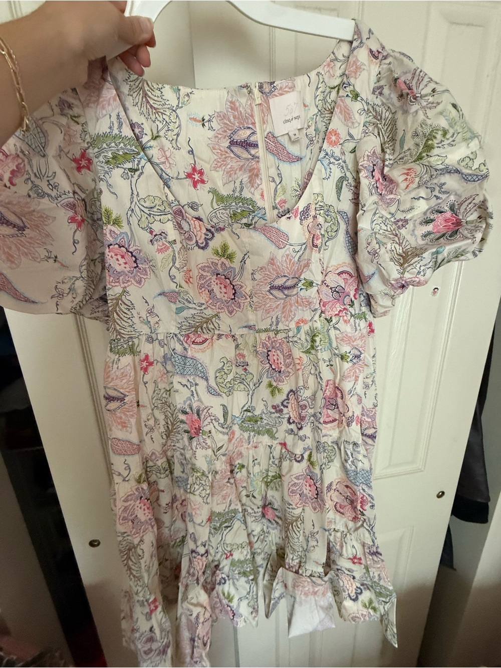 cinq a sept Women's White Floral Tiered Dress with Pink & Green Accents